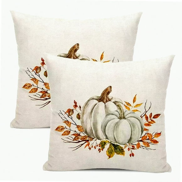 Harvest Bloom Pillow Covers - Set of 2, Autumn Fall Decorative Throw Pillows 18x18 Inch, White Grey Pumpkins Orange Flowers Farmhouse Thanksgiving Sofa Couch Outdoor Home Décor
