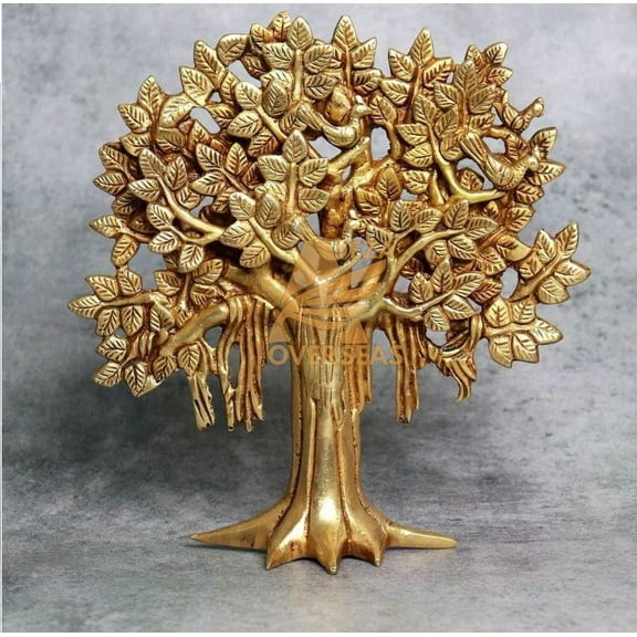 Brass Kalpavriksha Tree with Roots | Golden Color Tree with Birds Sitting on Branch | Handmade Wall Hanging & Table Decor | Decorative Piece | Vastu Gift Item | Ht.-9.5 inches, Wt.-1.7 Kg