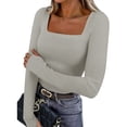 thumbnail image 2 of FRSASU Womens Summer Short Sleeve Tops Square Neck Ribbed Slim Fitted Shirts Solid Color Casual Tee Tshirt Gray, 2 of 9