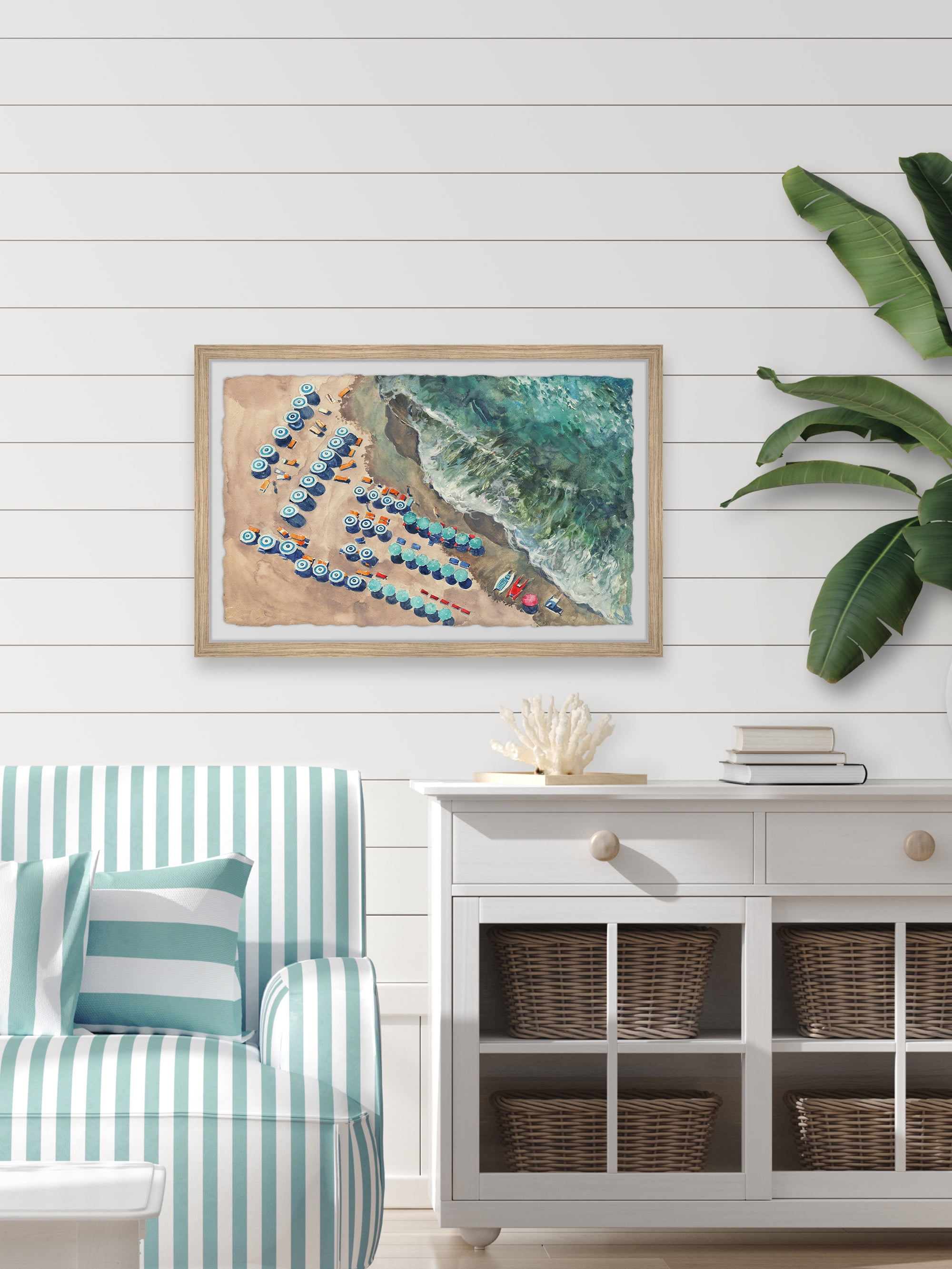Marmont Hill Blue Beach Umbrellas Framed Wall Art, 1.50" x 18.00"
