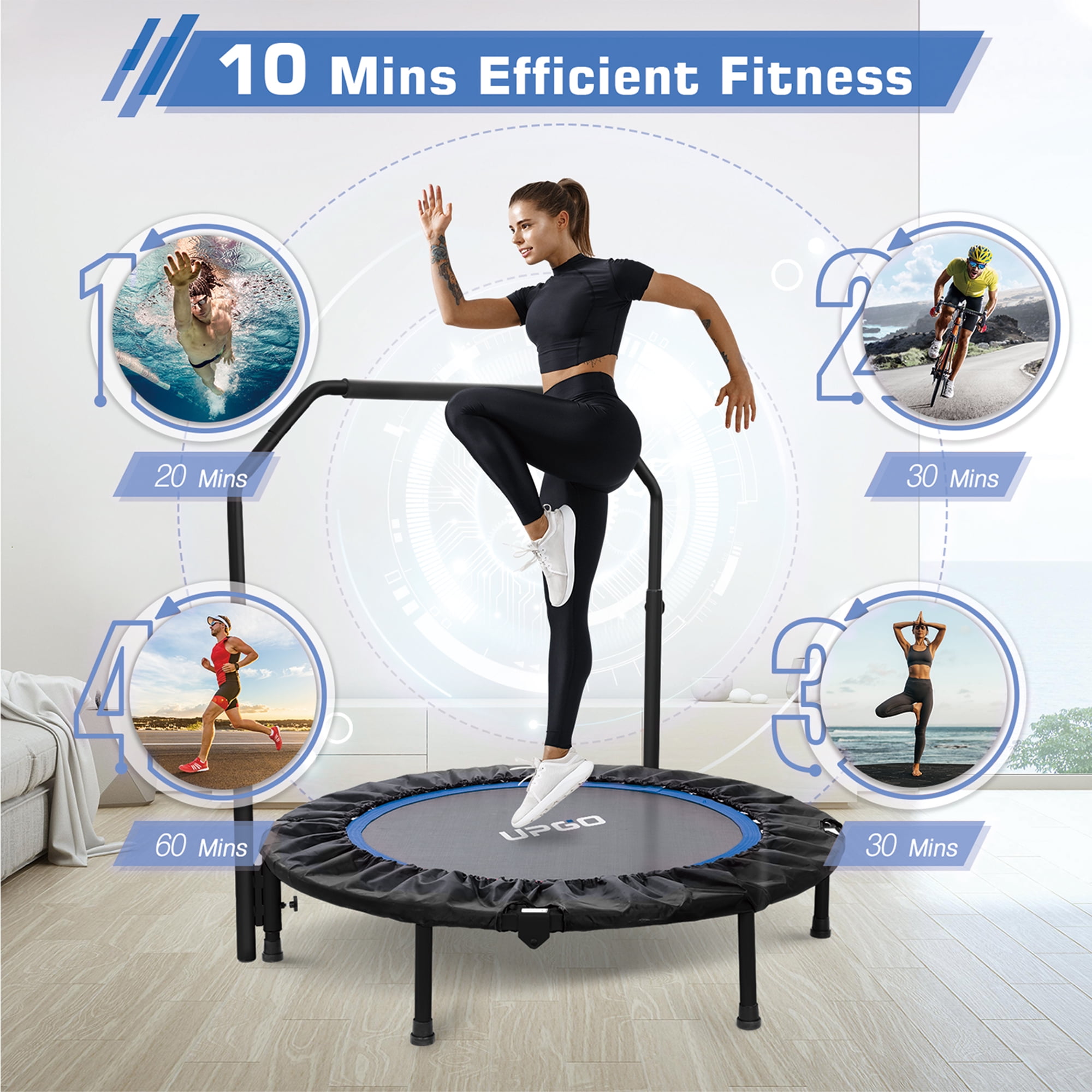 48" Foldable Mini Trampoline Max Load 450lbs, Fitness Rebounder with Adjustable Foam Handle, Exercise Trampoline for Adults/Kids Indoor/Garden Workout