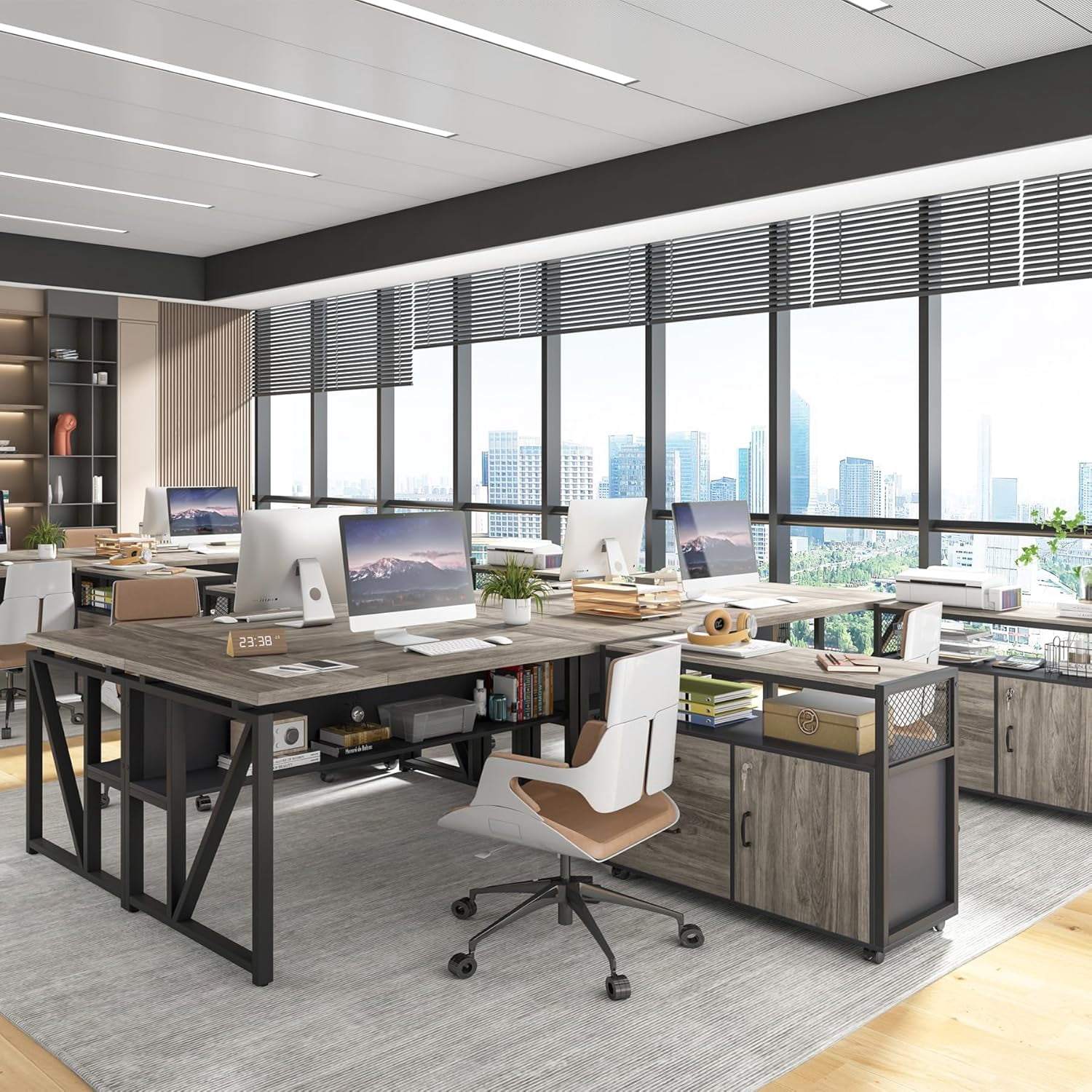 Tribesigns 63" L Shaped Executive Desk with Lateral File Cabinet, Doors with Locks, Desk with Shelf (Gray and Black)
