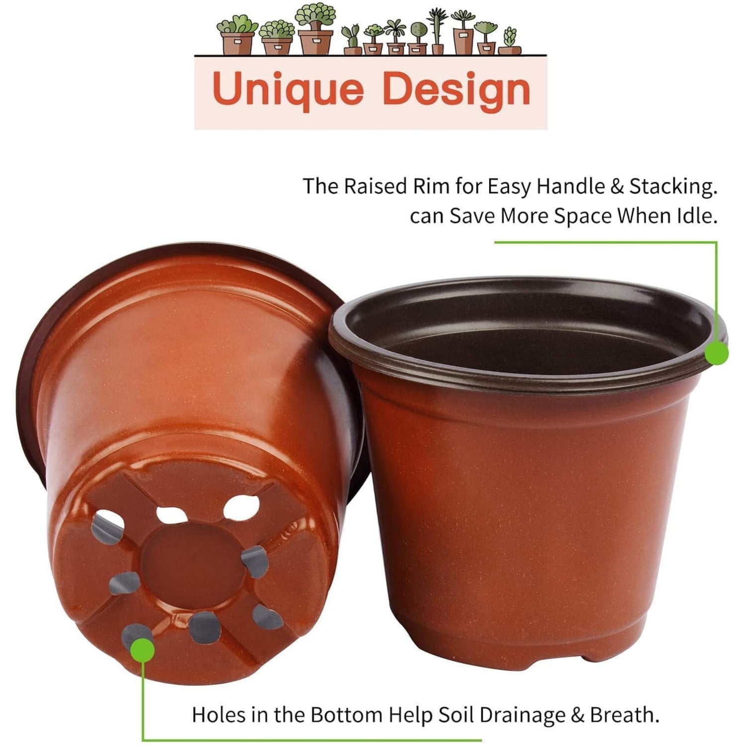 6 inch Plastic Flower Pots HYG Plant Pot 50 Pcs Seed Starting Seed Starting Planter with Drainage Holes for Outdoor Indoor Seedling Transplant Plant Container Cups,Brown
