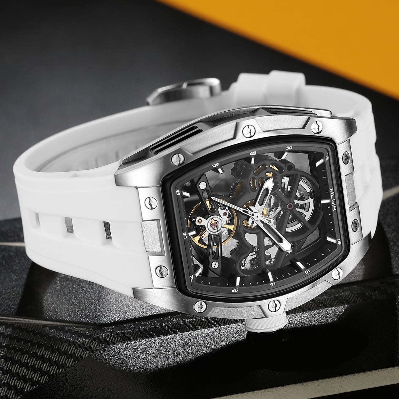 Montre Sport Homme Megir Automatique - Cadran Transparent, Bracelet Blanc Caoutchouc