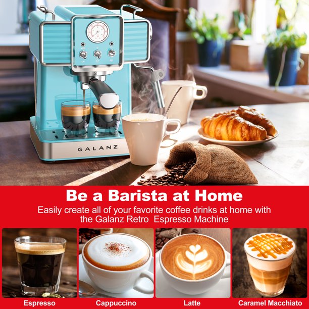 Galanz Retro Espresso Machine with Milk Frother, 15 Bar Pump