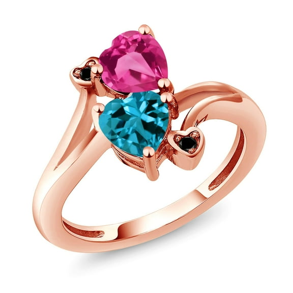Gem Stone King 18K Rose Gold Plated Silver Pink Created Sapphire London Blue Topaz and Black Diamond Ring for Women (1.78 Cttw, Heart Shape 6MM, Gemstone September Birthstone, Size 8)