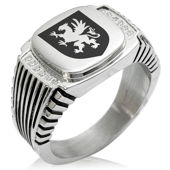Stainless Steel Griffin Valor Coat of Arms Shield CZ Ribbed Needle Stripe Pattern Biker Style Polished Ring
