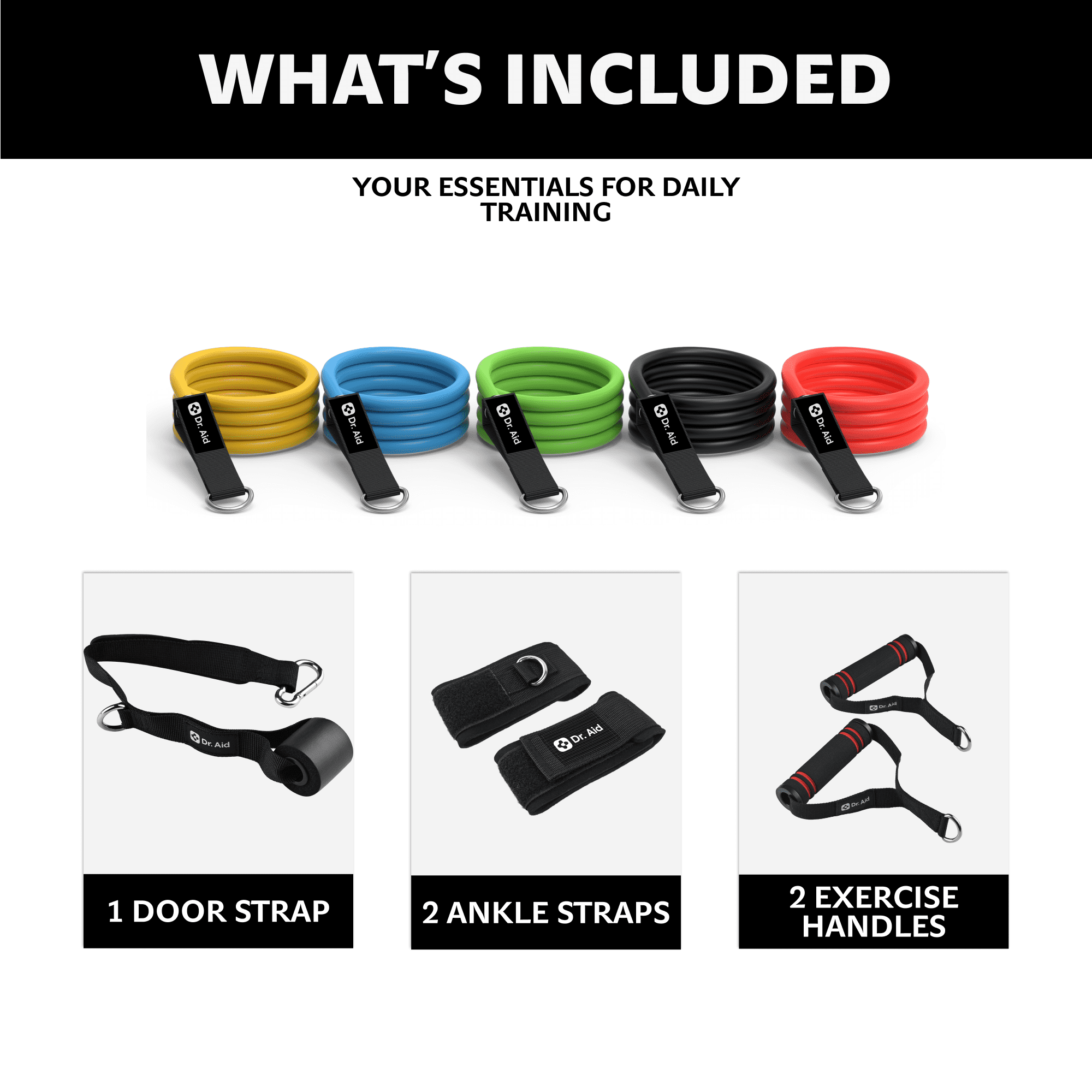 Dr. Aid Heavy-Duty Resistance Bands Set – 5 Reinforced Workout Bands with Handles, Meshy Fabric Core + Latex Layer, 2.5X Long-Lasting & Tear-Resistant – Safer Exercise Bands for Intense Workouts