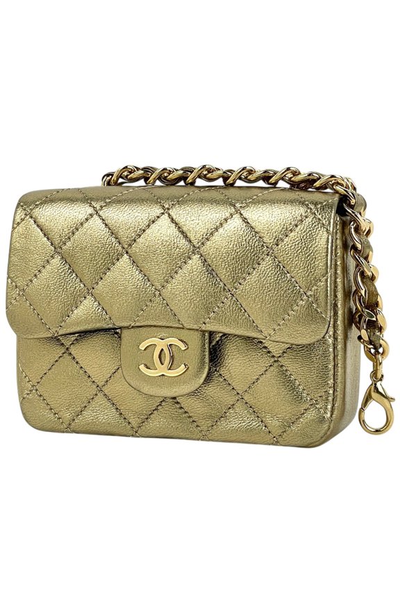 Pre-Owned Chanel Coco Mark Chain Accessory Pouch Mini Matelass Bag Charm Leather Gold Women's