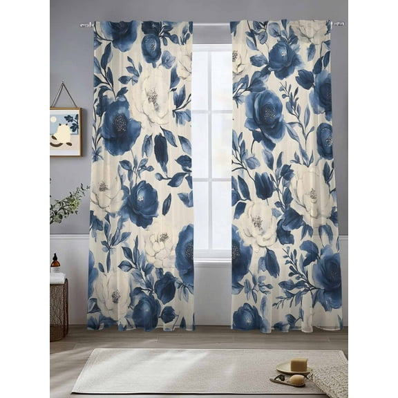 Navy Blue Beige Peony Sheer Curtains for Living Room Bedroom Vintage Floral Blossom Botanical Sheer Curtains 96 Inch Long 2 Panels Set Light Filtering Curtain Window Treatments Drapes for Dining Room