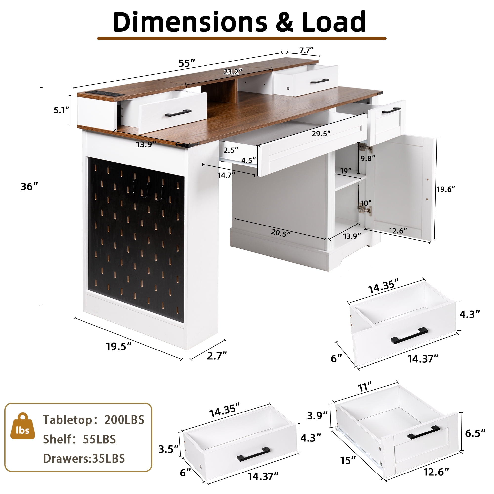 Mintazer 55" Farmhouse Office Desk with Charging Station & Storage Drawers, Computer Writing Desk with Monitor Stand, Keyboard Tray & Pegboard for Study Living Room Home Office, White