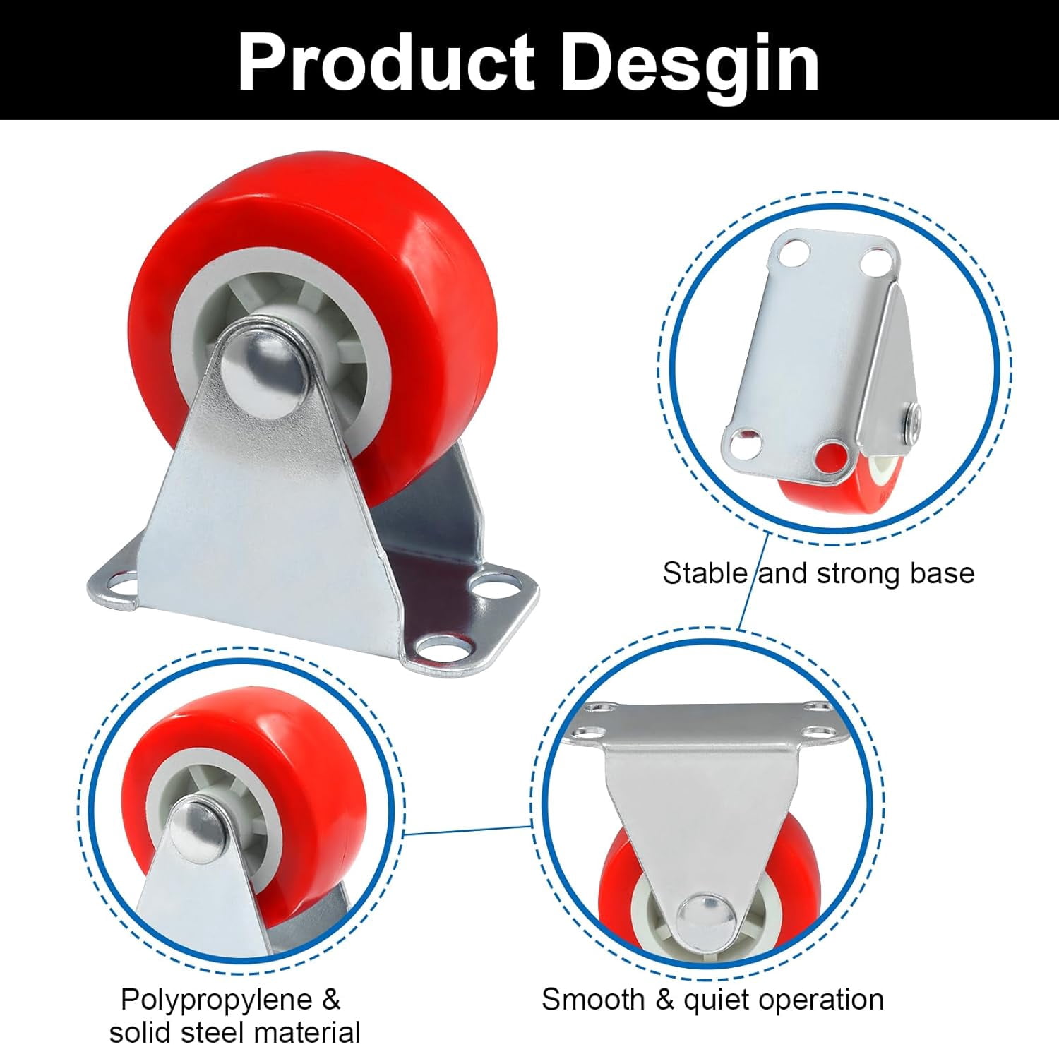 FRKSMD-6 Pack Rigid No-Swivel Plate Caster Wheels, 1.5 inch Hard Rubber Caster Wheels with Screws, Red Plate Casters for Furniture, Workbench