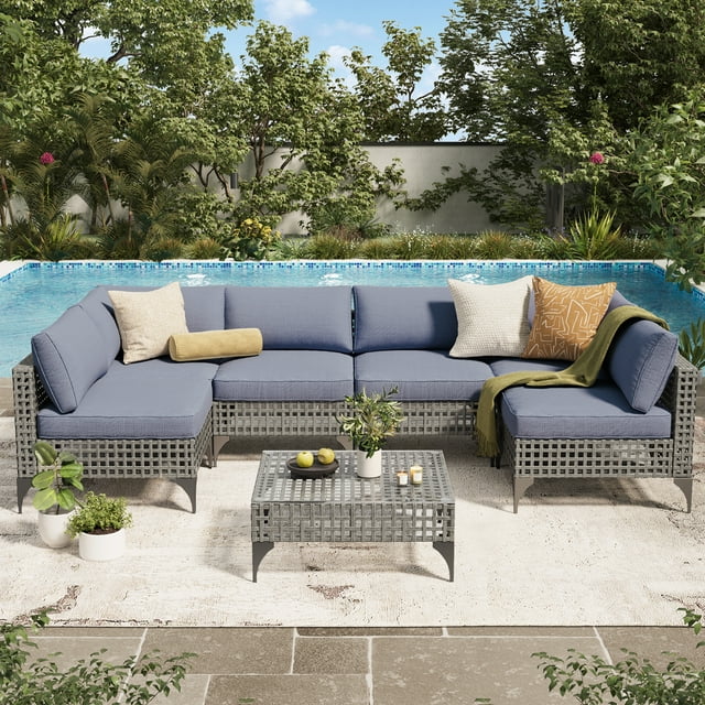 YODOLLA 7 Pieces Patio Conversation Set with Tea Table, Outdoor Sectional PE Rattan Wicker Furniture Seat, Gray Rattan& Dark Blue Cushion and Pillow