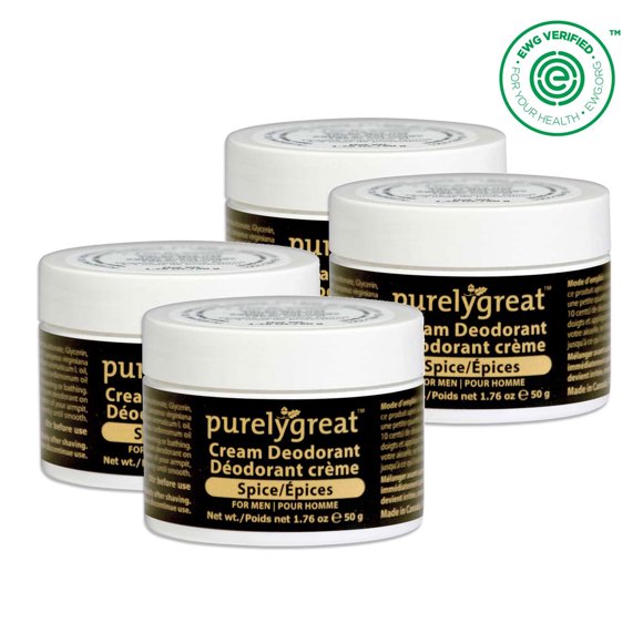 4 Pack - Purelygreat Natural Deodorant Cream - Spice 50g Aluminum Free Vegan, Made in Canada