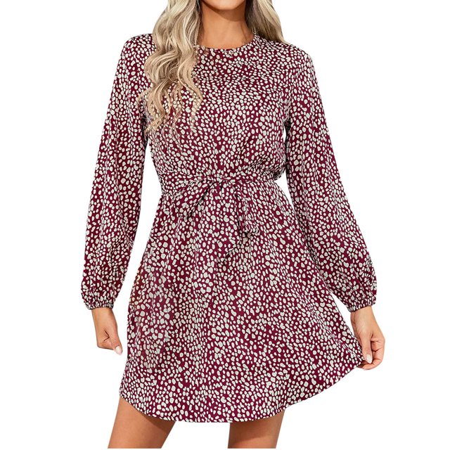 Trendy Leopard Printed Womens Fall Dresses Casual Round Neck Mini Party Dress with Tie Belt