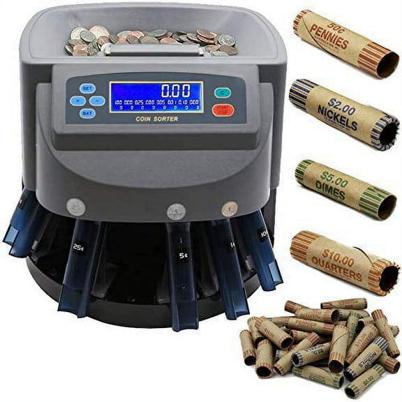 Electronic USD Coin Sorter and Counter with LCD Display, Sorts 270 Coins Per Minute into Coin Wrappers or Bins, Coin Wrapper Tubes Included