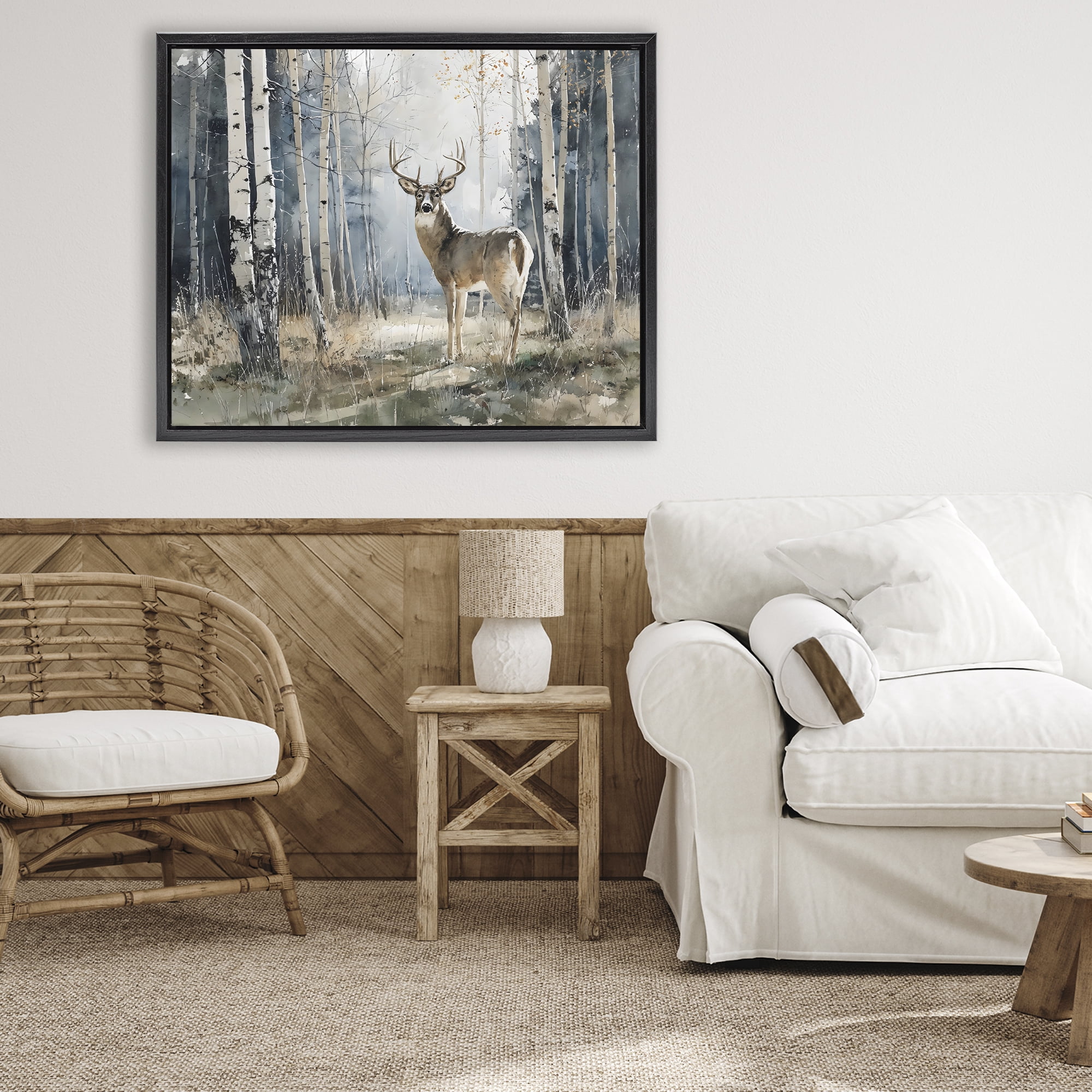 Stupell Industries Lone Stag in Birch Forest Black Framed Floater Canvas Wall Art, design by Franklyn Gregory