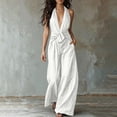 thumbnail image 4 of IUYRTFE Women's Sleeveless Halter Neck Tie Waist Wide Leg Jumpsuit with Pockets Casual Long One Piece Romper, 4 of 7