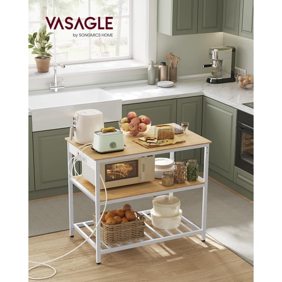 VASAGLE Kitchen Island with 3 Shelves, Kitchen Shelf with Power Strip, 23.6 x 39.4. x 34.9 Inches, Large Worktop, Steel Structure, Industrial, Easy to Assemble, Oak Color and White