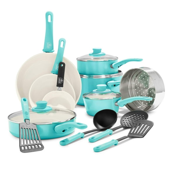 GreenLife Soft Grip Healthy Ceramic Nonstick, Cookware Pots and Pans Set, 16 Piece, Turquoise Cookware Set