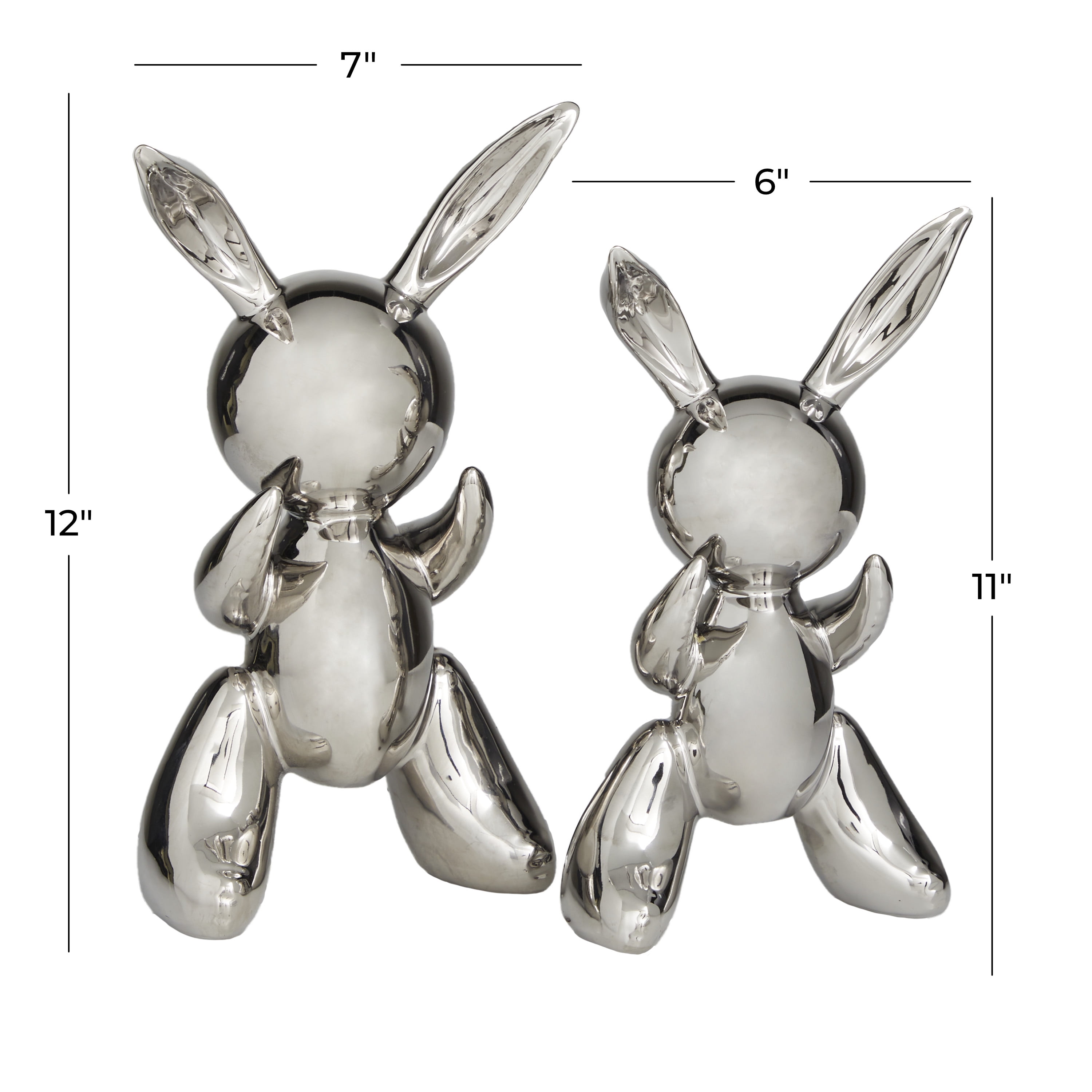 12", 11"H Silver Porcelain Abstract Balloon Rabbit Sculpture, by DecMode (2 Count)