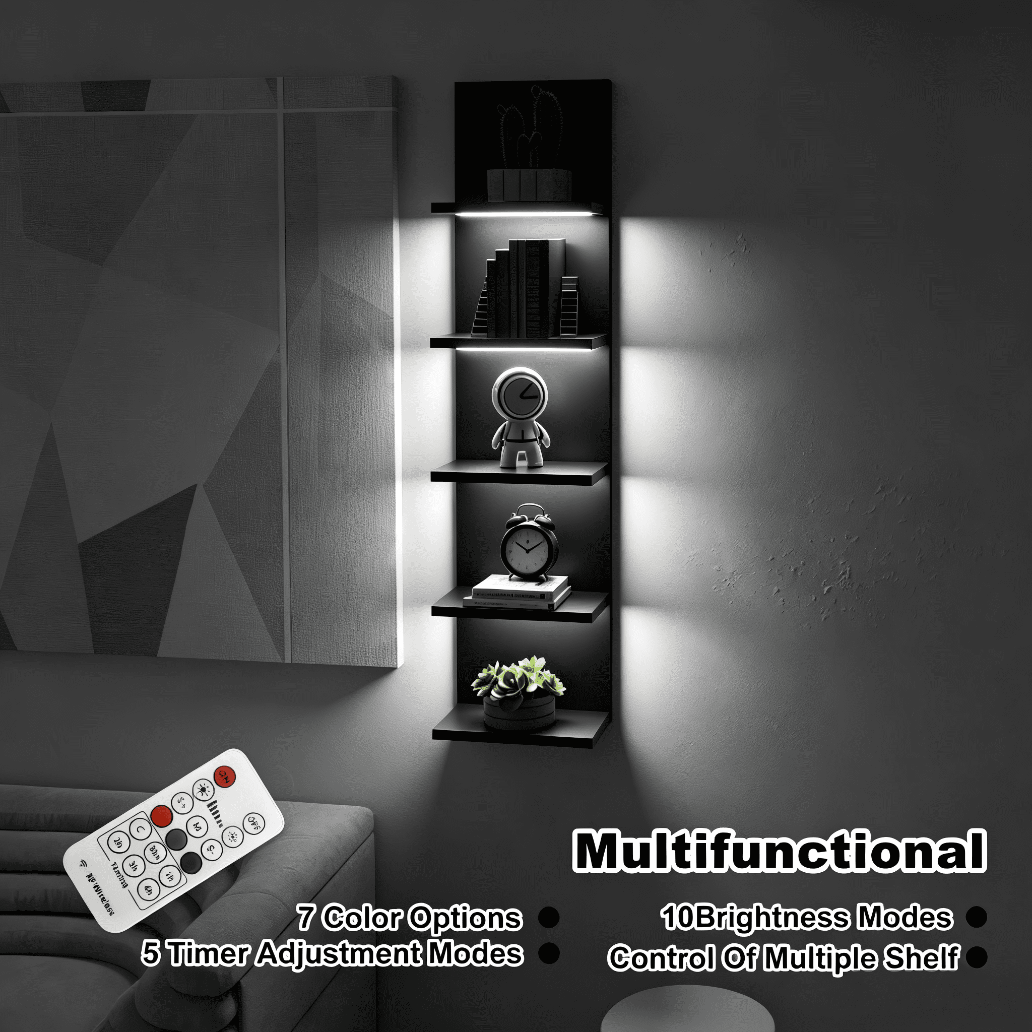 Black 5 -Tier Remote Control RGB Lighted Wall Floating Shelf Bookcase Bedroom Living Room Wall Storage Cabinet