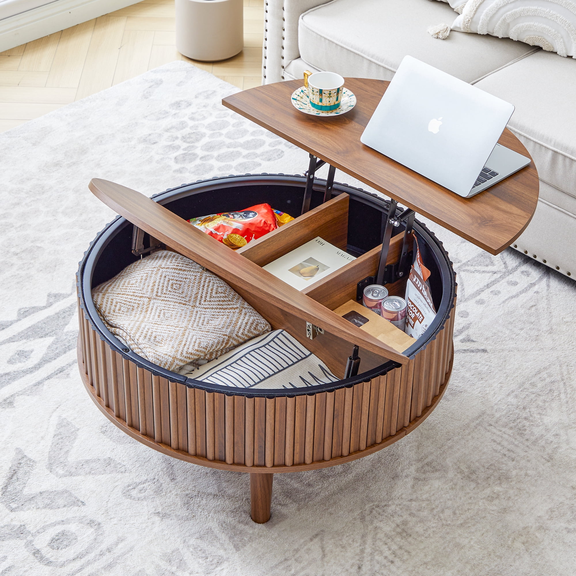MIYZEAL 31.5" Round Lift Top Coffee Table with Storage, Fluted Mid Century Modern Wooden Center Table with Hidden Compartment, Coffee Table for Living Room, Apartment, Office（Walnut）