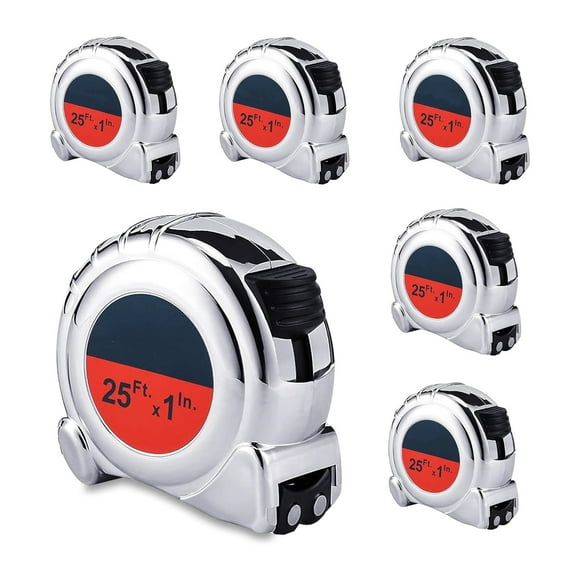 Tape Measure 25 ft with Magnetic, 6 Pack Bulk Easy Read Chrome Measuring Tape Retractable with Fractions 1/8, Measurement Tapes 25-Foot by 1-Inch, Round