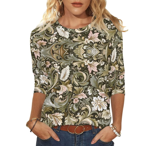 Cilsoka Trendy Tops for Women 2026, Womens 3/4 Length Sleeve Tops Casual Floral Print Summer Tops for Women Loose Fit Three Quarter Length Sleeve Blouse, Floral Print Tshirts