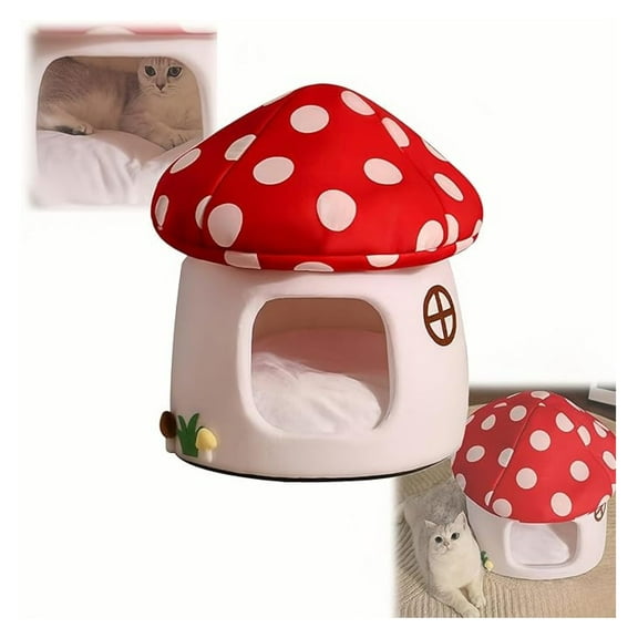 Mushroom Cow Cat Bed House for Indoor Cats & Small Dogs - Soft Cave-Style Pet Nest with Removable Washable Cushion, Plush Semi-Enclosed Cat Cave Tent, Warm Cookie-Shaped Cat Bed for Kittens/Puppies