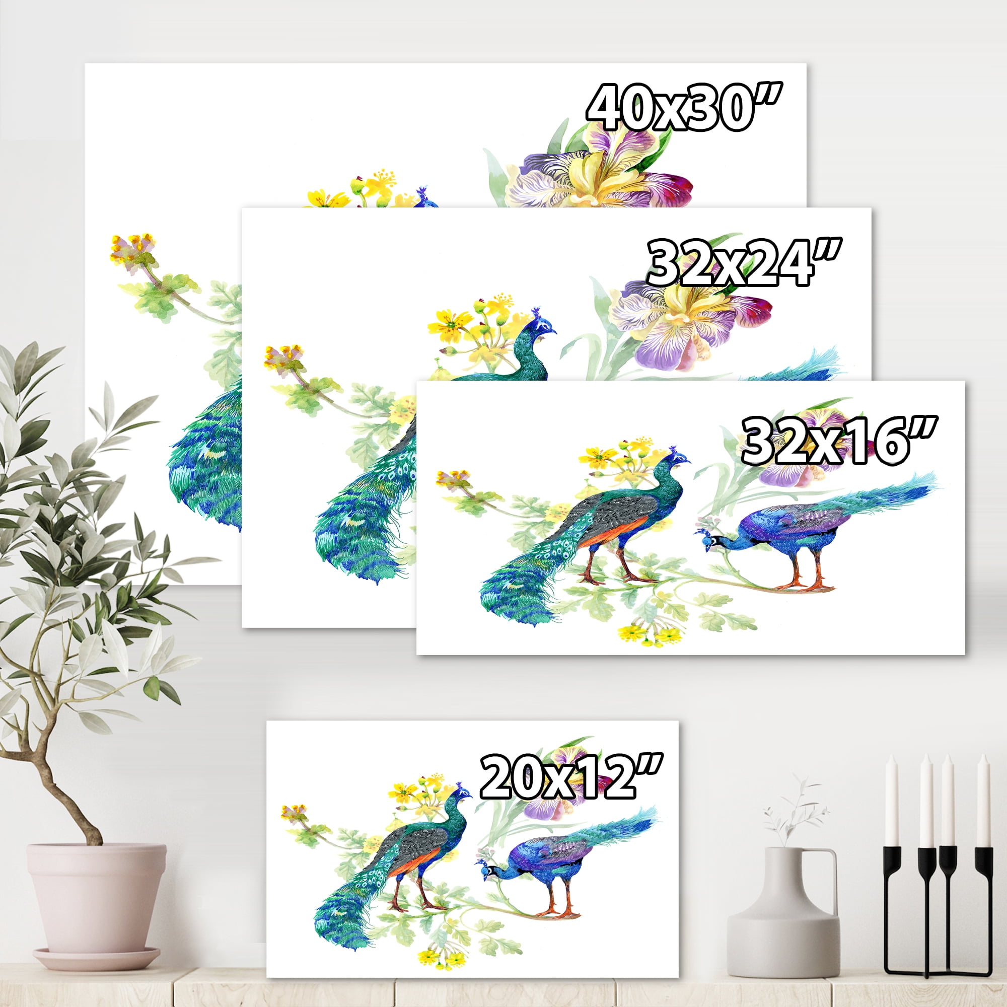 Designart ' Iris Flowers and Peacocks ' Traditional Canvas Wall Art Print