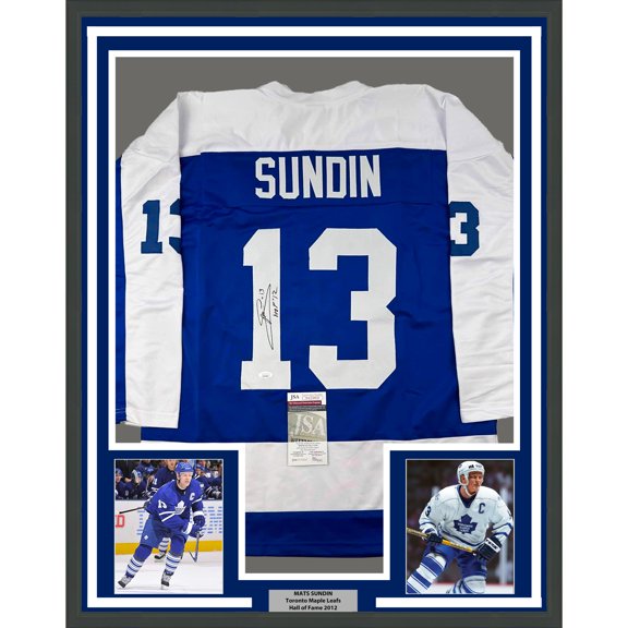 Framed Autographed/Signed Mats Sundin 35x39 HOF 12 Toronto Blue Hockey Jersey JSA COA