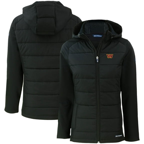 Women's Cutter & Buck Black Washington Commanders Evoke PrimaLoft Hybrid Eco Softshell Recycled Full-Zip Hooded Jacket
