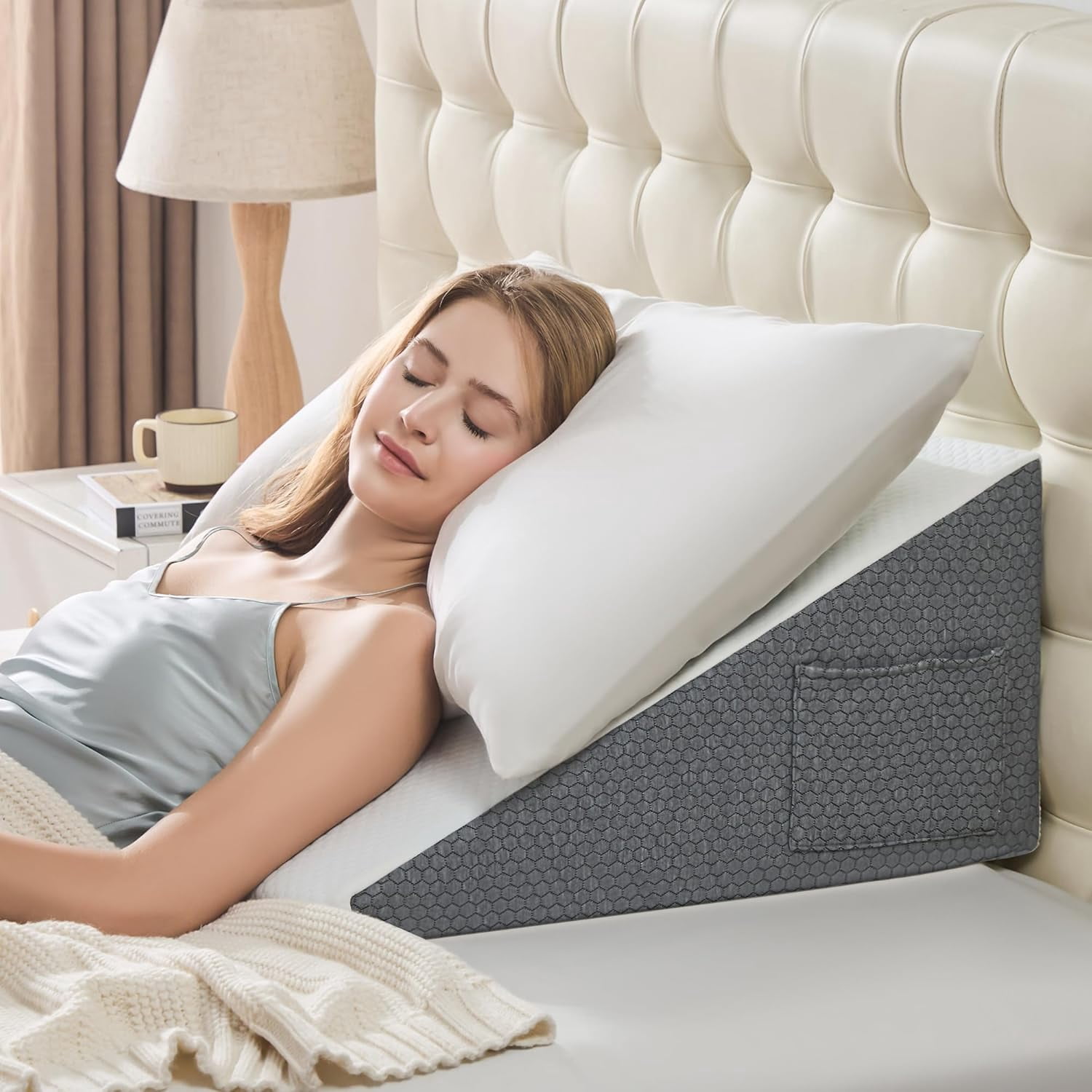 Wedge Pillow for Sleeping Memory Foam Bed Support for Acid Reflux GERD Snoring Back Pain Relief and Leg Elevation 24x24x7.5 inch White Grey