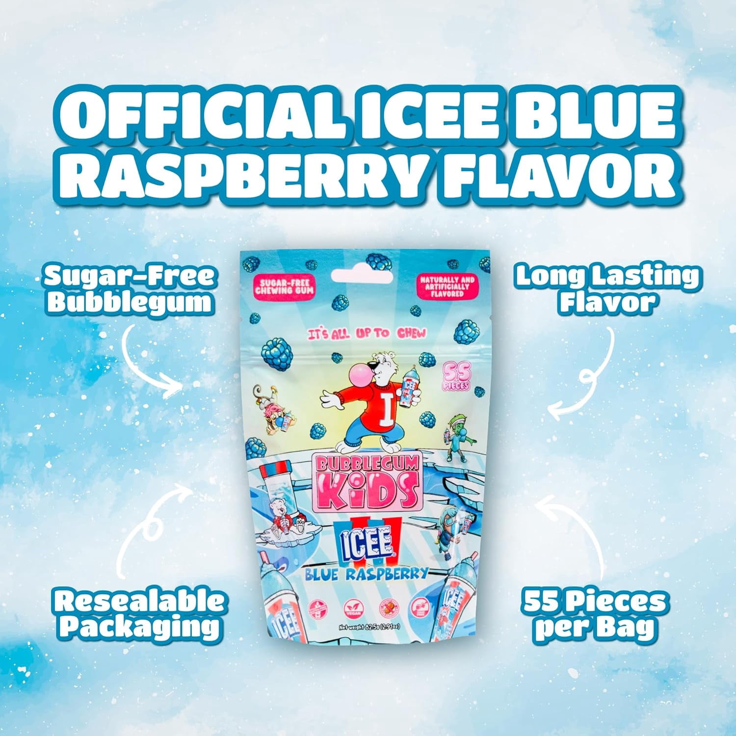 Bubblegum Kids ICEE Sugar Free Gum with Xylitol, Low Calorie Chewing Gum, Blue Raspberry Flavor, 10-Pack (55 Count/Pack)