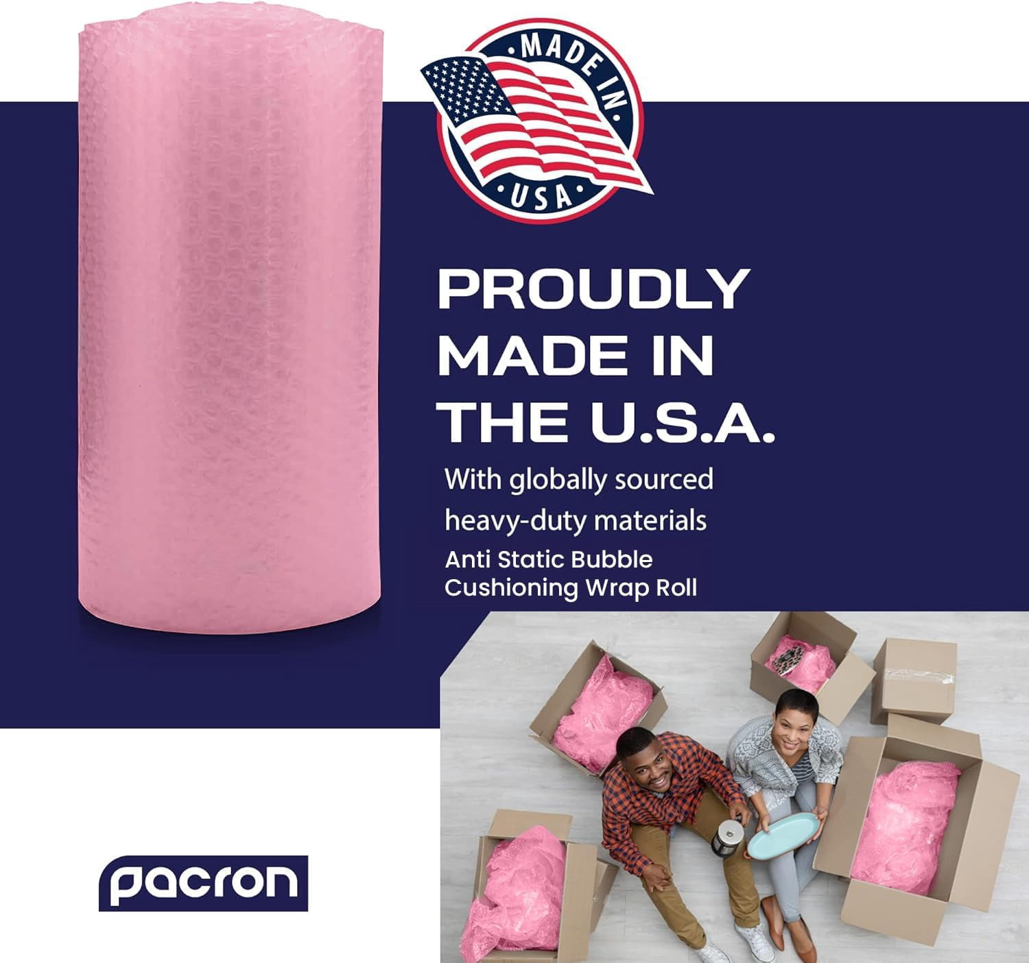 Pacron Anti-Static Bubble Wrap Roll 225FT x 24IN, 3/16" Small Bubbles, Pink – ESD Protection for Electronics & Fragile Items, 112 Sheets per Roll