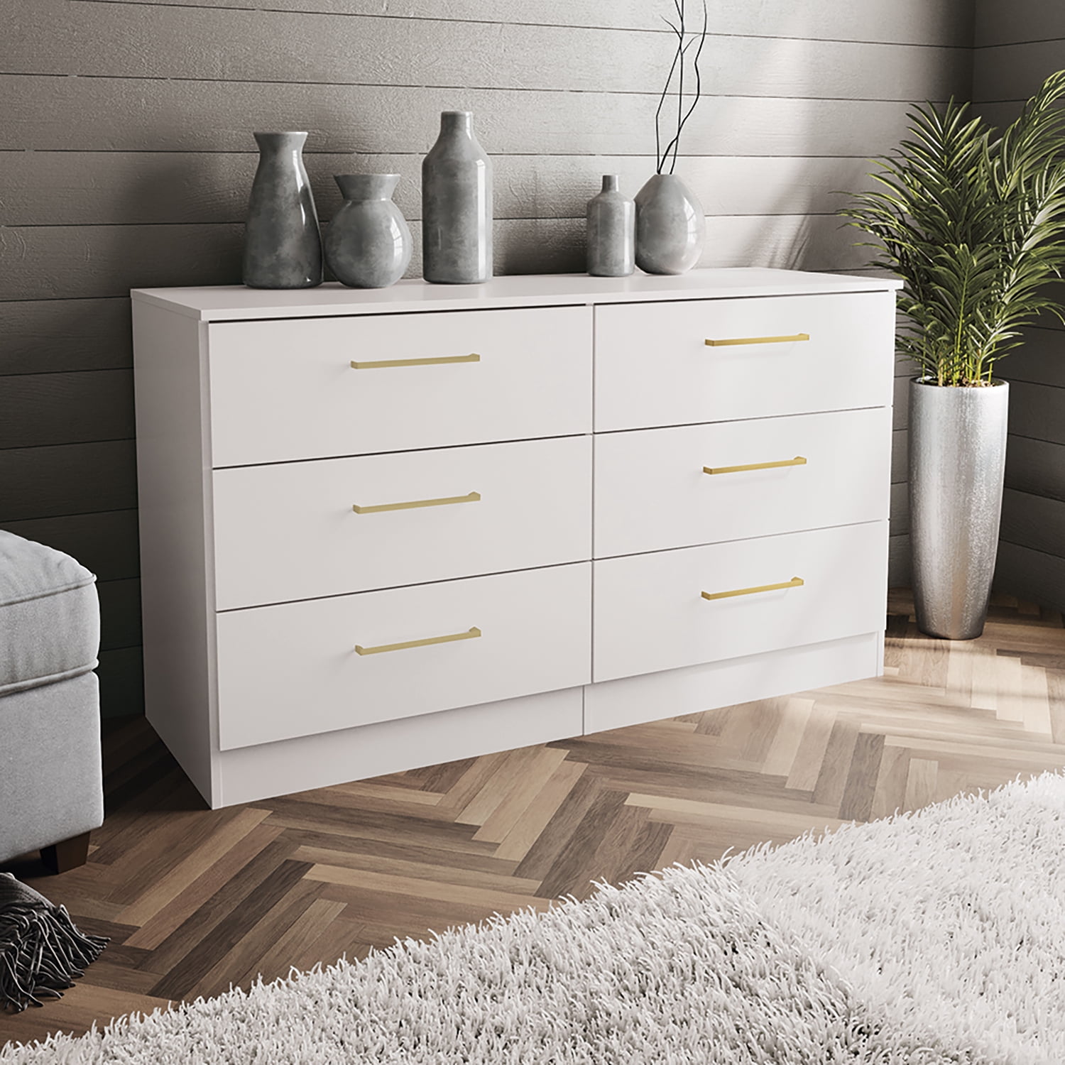Kappesberg Jolyne 6-Drawer Horizontal Dresser with Gold Handles - White – Modern Bedroom Storage for Adults and Teens