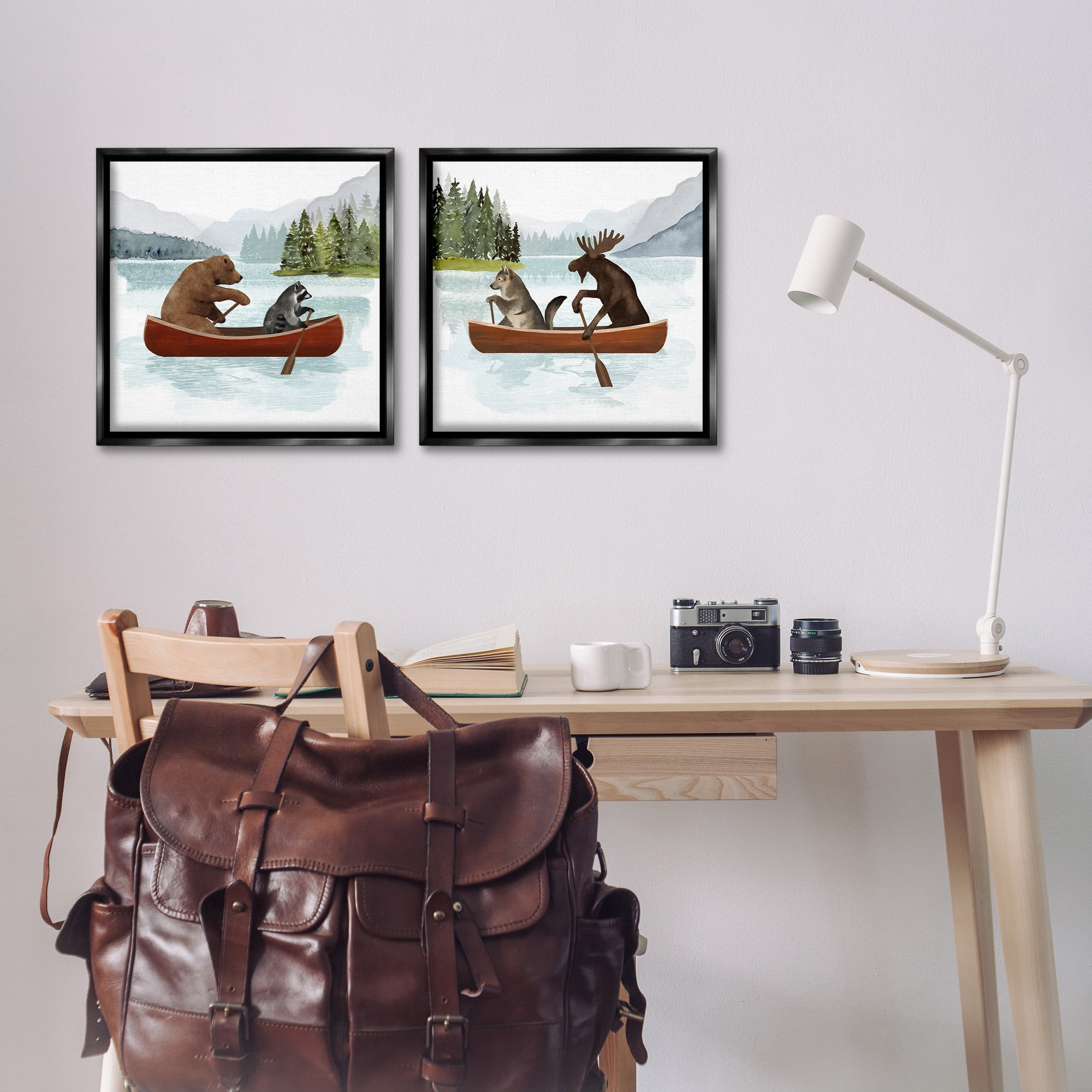 Stupell Industries Woodland Animals on Canoes Animals & Insects Painting Black Floater Framed Canvas Art Print Wall Art, 18 x 18, Set of 2