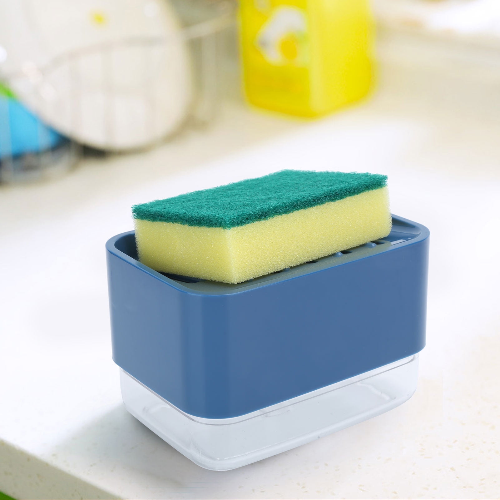 Blue Press-Type Soap Dispenser with Sponge Holder, 2-in-1 Kitchen Organizer
