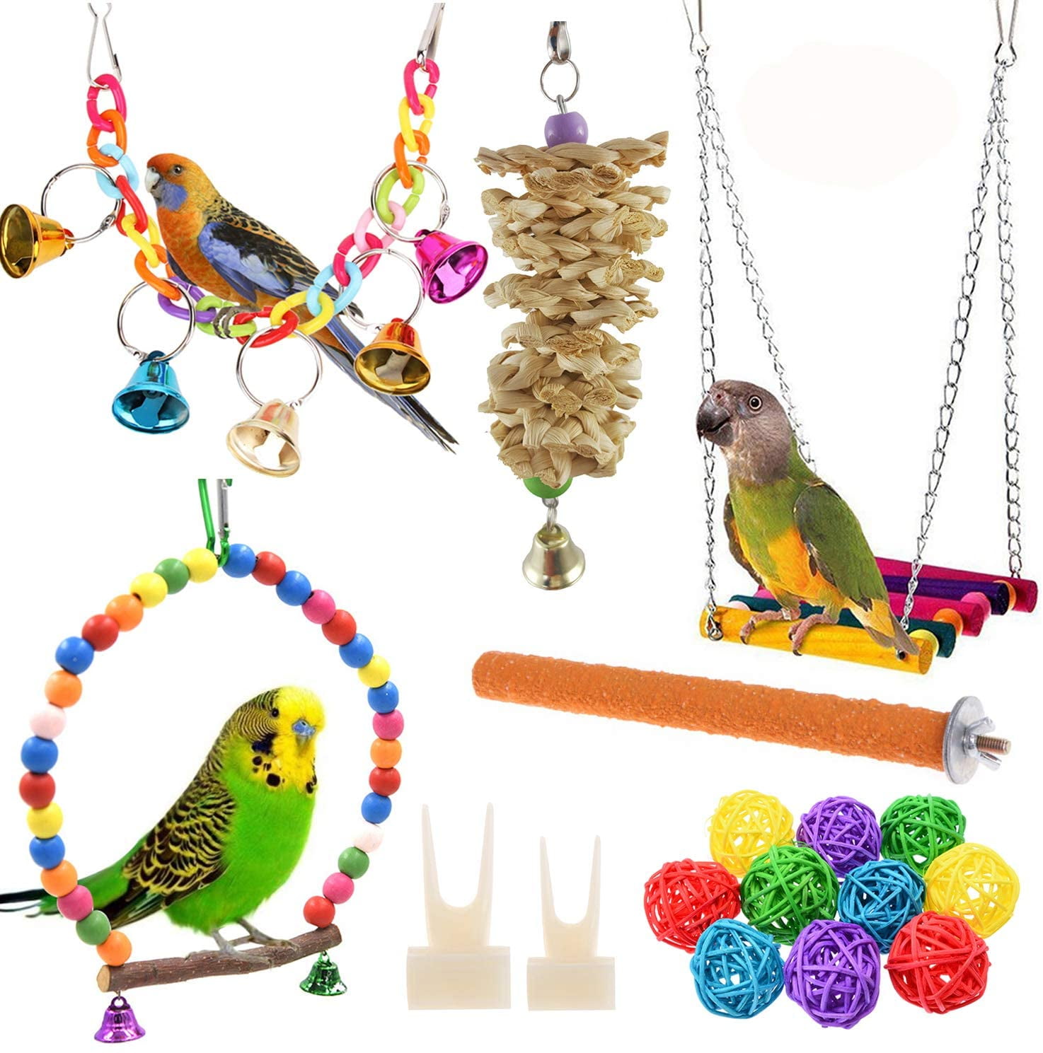 New Pet Parrot Bird Chew Toy Cages Hang Toys Wood Large Rope Cave Ladder Bells 