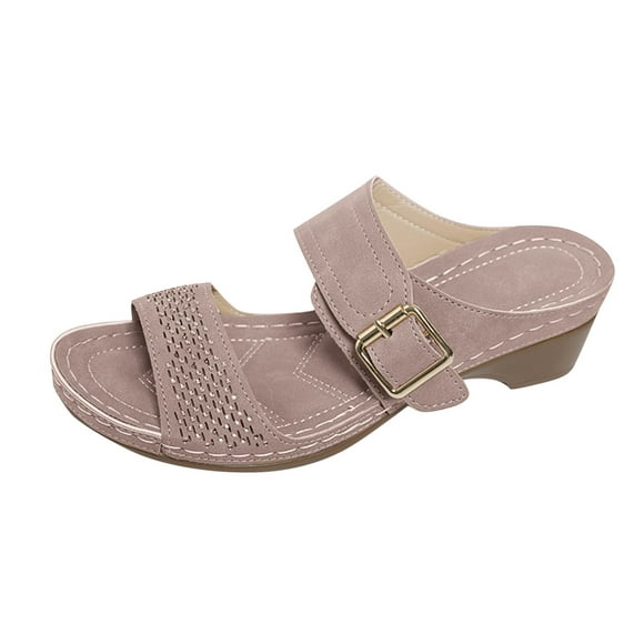 Hopeusnice Wedges Shoes for Women Soft Non-Slip Breathable Thick-Soled Platform Wedge Heel Women's Wedges Shoes Pu Summer Shoes Open Toe Sandals Trendy Buckle Round Toe Arch Support Shoes Pink 36