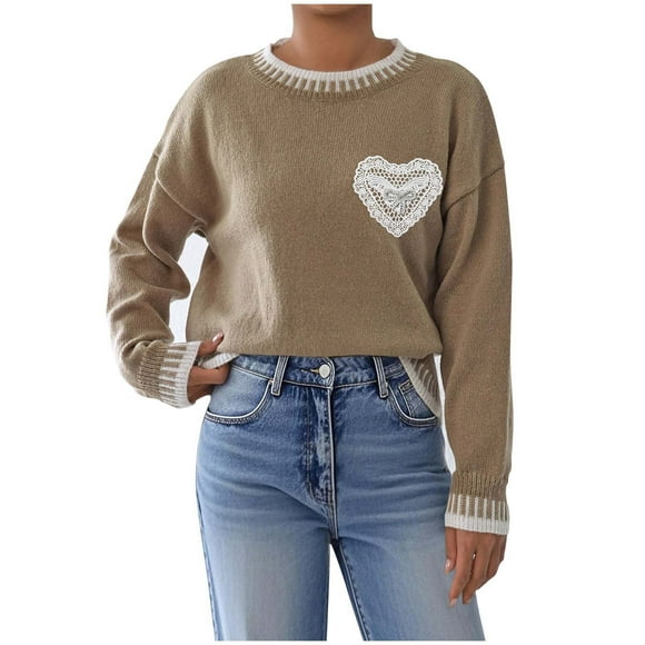 biudgviw Sweaters for Women Color Block Heart Print Long Sleeve Tops Casual Drop Shoulder Crew Neck Pullover Sweaters for Fall Winter