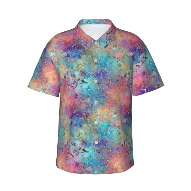 Fotbe blue pink colorful cracked texture Camisa Hawaiana para Hombre Unisex – Camisa Casual de Verano con Botones de Manga Corta de Algodón y Lino,3X-Large