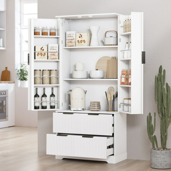 72" Tall Kitchen Pantry Cabinet, Farmhouse Storage Cabinet with 2 Drawers and 8-Door Spice Rack, Freestanding Storage Organizer with Adjustable Shelves for Bathroom, Dining Room, Entryway, White