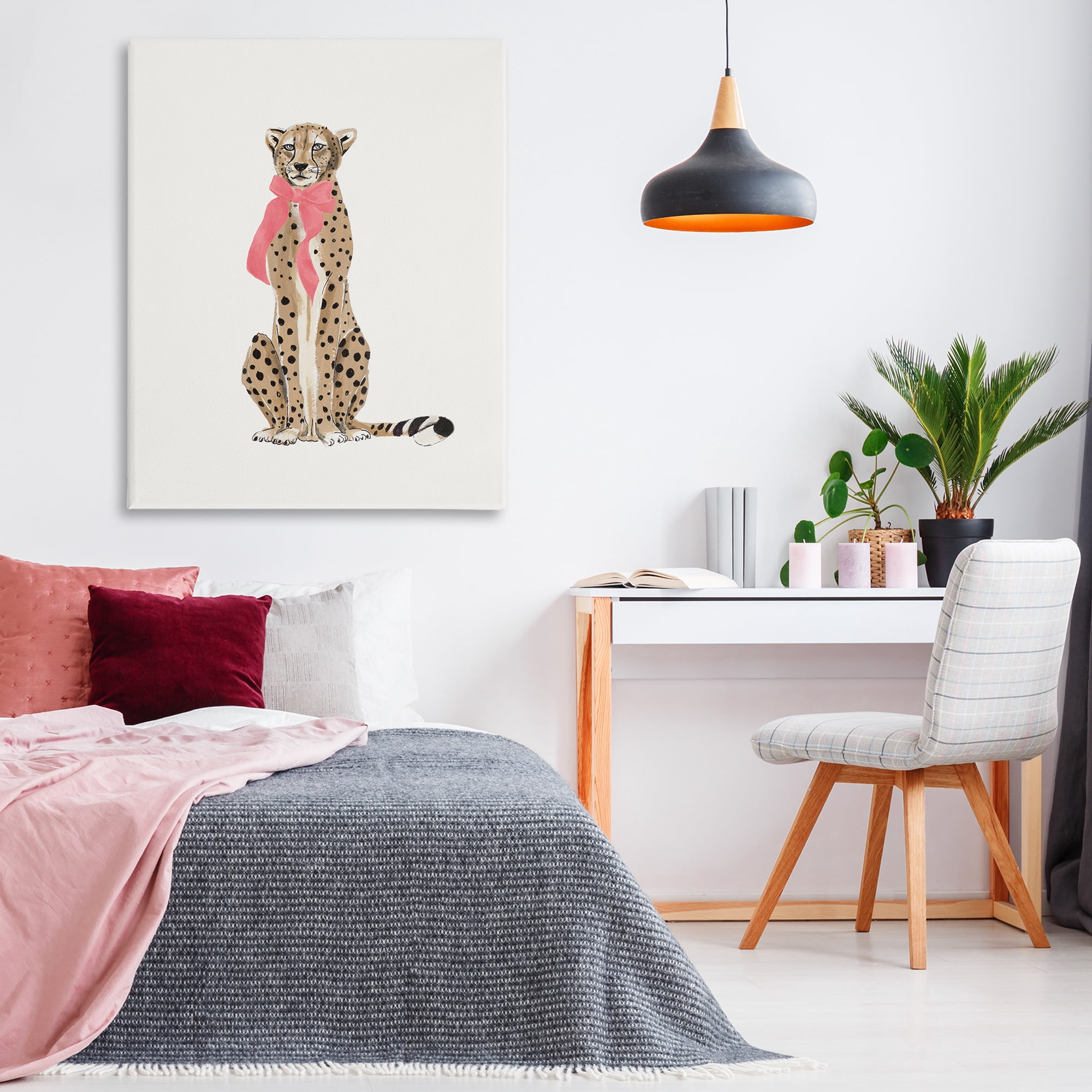 Stupell Industries Trendy Cheetah with Ribbon Animals Painting Wrapped Canvas Art Print Wall Art, 36 x 48
