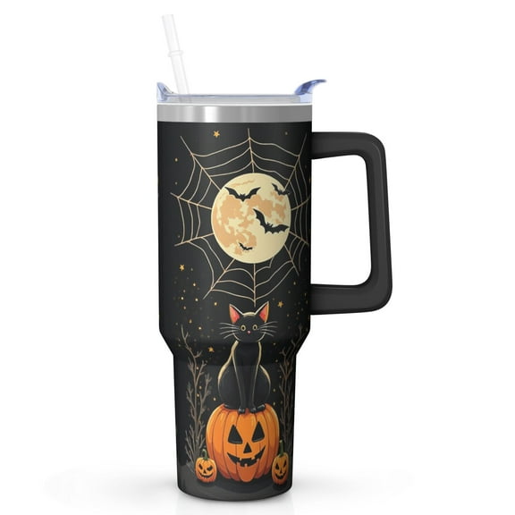40 Oz Halloween Tumbler with Handle and Straw, Skeleton Cat Travel Tumbler Insulated Cup, Spooky Halloween Gifts for Women Adults Teenagers