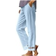 thumbnail image 2 of XUNKUSGA Pants for Women Comfy Cotton Linen Womens Trousers Fashion Lace Hem Straight Leg Trousers for Women Lightweight Elastic Drawstring Waist Wide Leg Pants Woman S-2XL Blue, 2 of 5