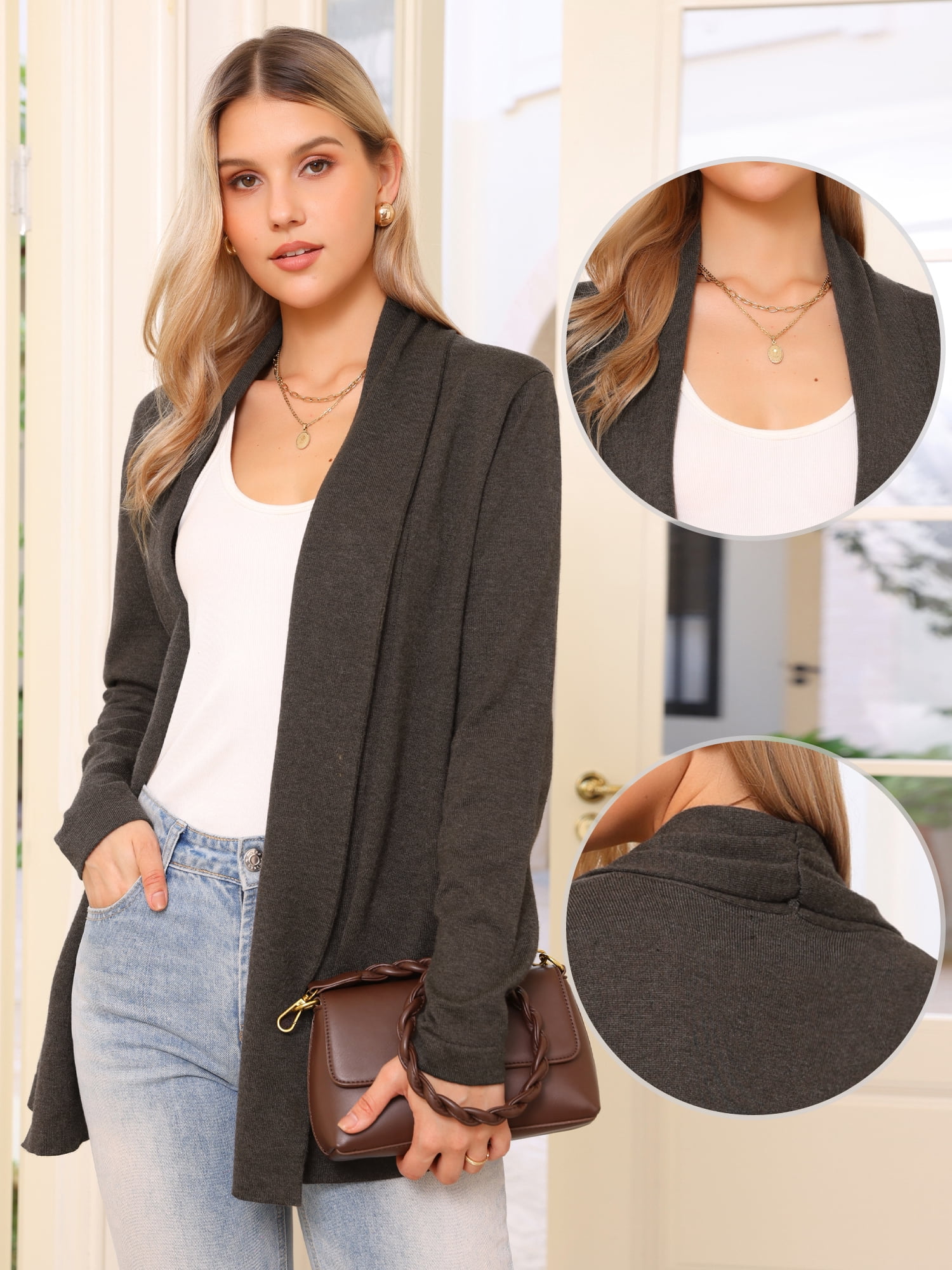 DARING DIVA Open Front Long Sleeve Lightweight Knit Cardigans XS Dark Brown