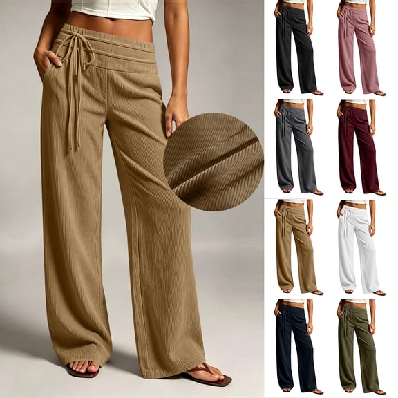 Women's Wide Leg Pants Double Layer Elastic Waist with Front Drawstring,Loose Trousers Side Pockets,Trends Casual Fall Travel Work Outdoor Daily Wear,Beige,XXL