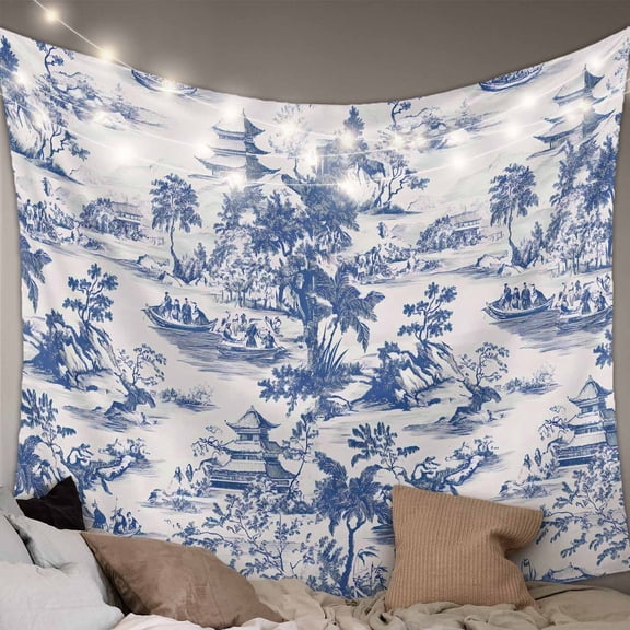 Blue Garden Retro Tapestry for Bedroom Wall Hanging Tapestry, Modern Art Building Tree Boat Ceiling Backdrop Tapestries Poster Blanket Wall Decor for Teens Room Living Room Dorm 59" x 79"